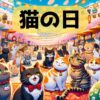 日本の「猫の日」のお祝いを描いた、活気に満ちたアニメーション スタイルの画像