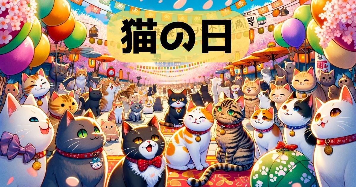 日本の「猫の日」のお祝いを描いた、活気に満ちたアニメーション スタイルの画像