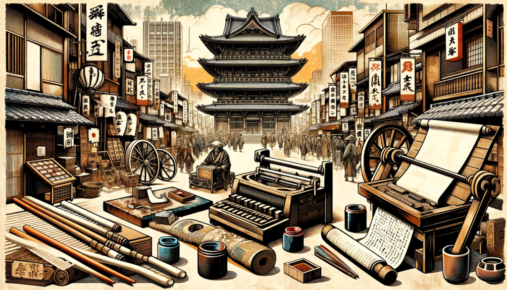 伝統的な日本の出版要素（木版画、巻物、墨と筆）が、江戸の都市生活の背景（通り、市場、典型的な江戸時代の建築）と組み合わされて描かれています。