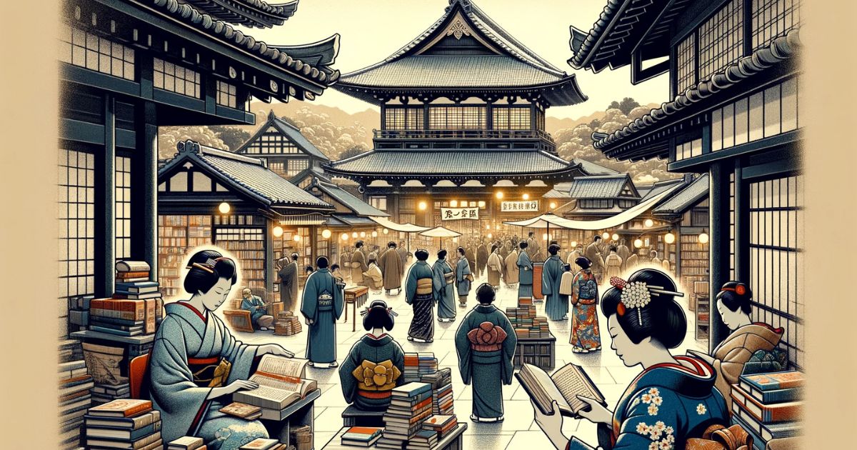 伝統的な日本の建築、着物を着た人々が本を読む様子、賑やかな本市場の光景