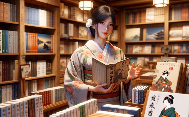 「源氏物語」や「北斎漫画」のような人気のある本を手に取り、顧客に他のおすすめの本を紹介している様子