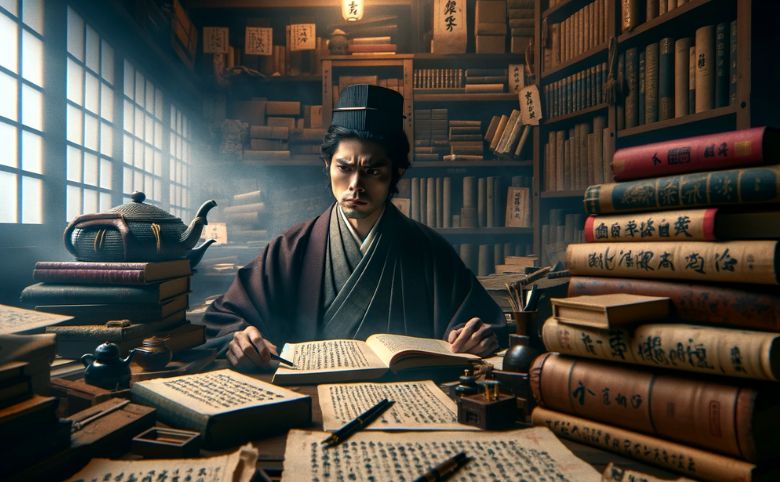 江戸時代の作家または出版者が、本や原稿に囲まれながら、懸念を抱いたり、思索にふけっている姿が描かれています。