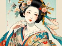 伝統的な日本の浮世絵スタイルの美人画を表現した画像です。