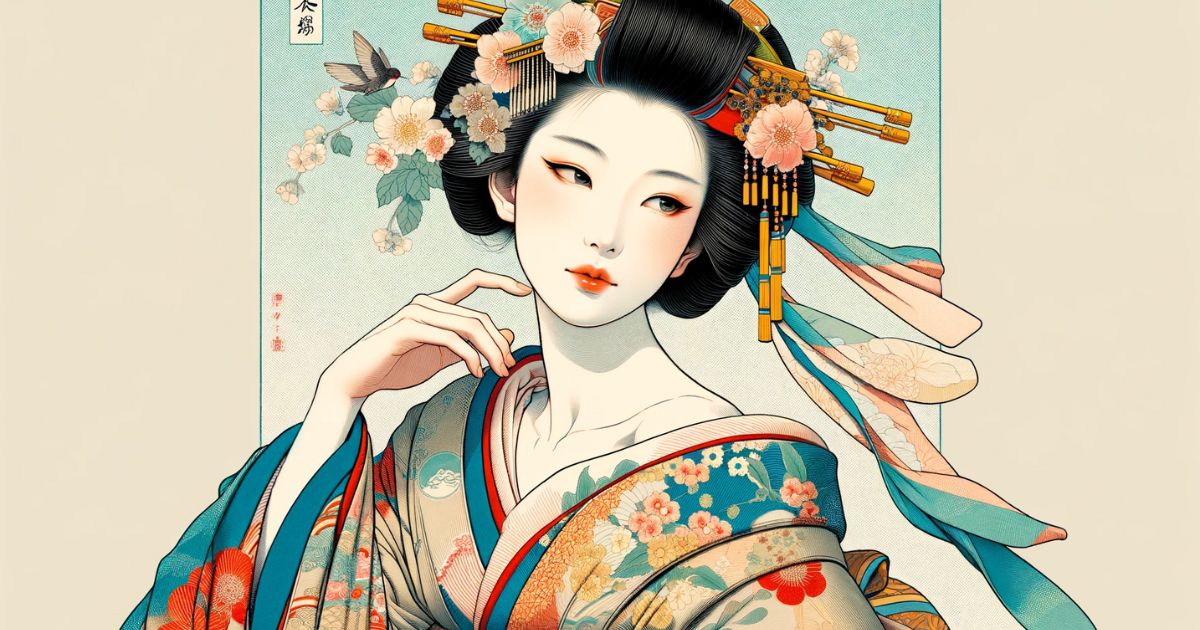 伝統的な日本の浮世絵スタイルの美人画を表現した画像です。