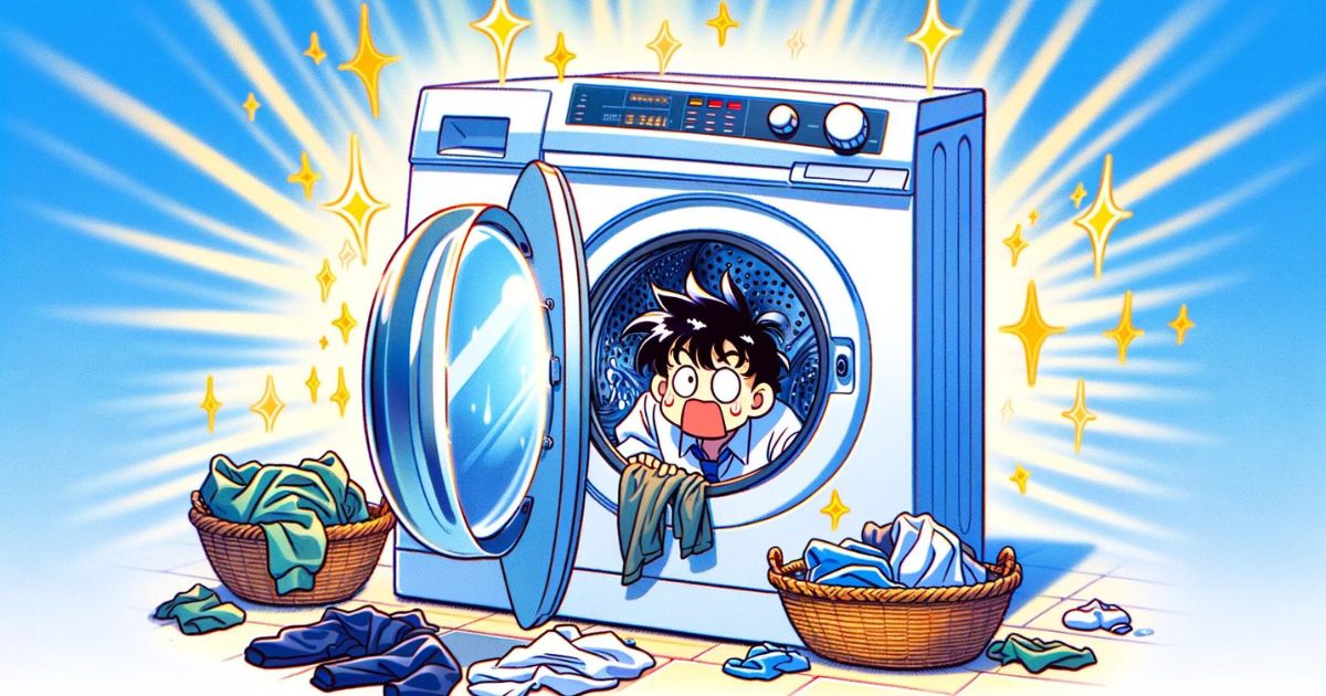 中に忘れられた洗濯物が入った洗濯機を描いたアニメ風のイラスト